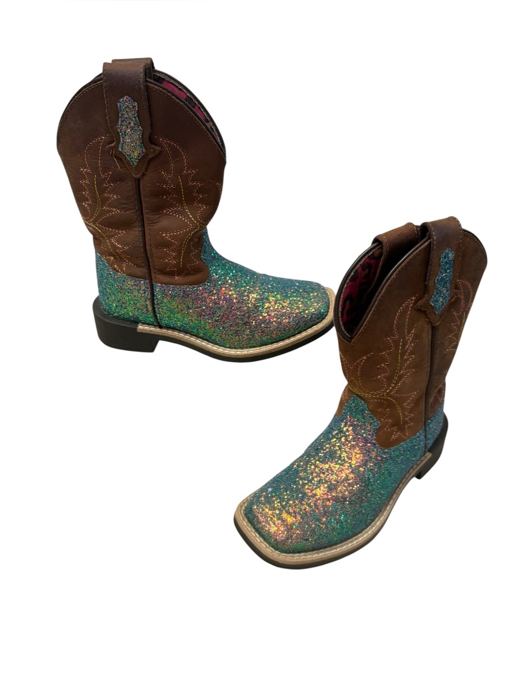 Smoky Mountain Glitter Blue Teal Brown Square Toe Western Cowgirl Boots Girls 11